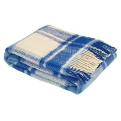  Tartan-Wolldecke aus 100 % reiner Wolle – Karomuster in Blau & Creme, 140×200 cm mit Fransen, fig. 1 