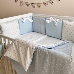  Babybett Komplettset SHINE Baby-Baumwoll-Bettwäsche-Set mit Bettumrandung-Kissen, Blau 17-tlg, fig. 10 