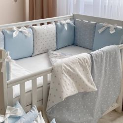  Babybett Komplettset SHINE Baby-Baumwoll-Bettwäsche-Set mit Bettumrandung-Kissen, Blau 17-tlg, fig. 1 