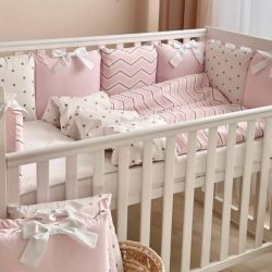  Babybett Komplettset SHINE Baby-Baumwoll-Bettwäsche-Set mit Bettumrandung-Kissen, Rosa 17-tlg, fig. 1 