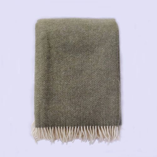  Olive Green Herringbone Throw Blanket — 100% New Zealand Wool, 140x200 cm (55x79″), Eco-Friendly, Fringed, for Sofa or Bed, fig. 2 