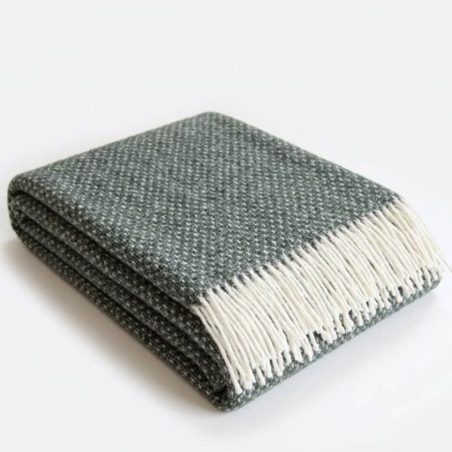 Dark Green 100% Wool Throw Blanket with White Fringe, 140x200 cm (55x79 in)