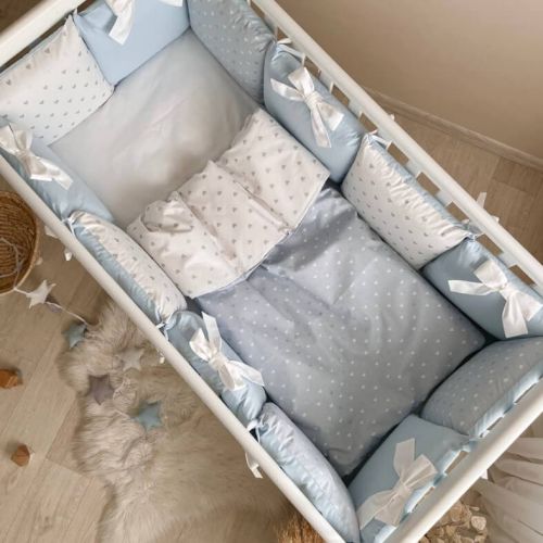  Babybett Komplettset SHINE Baby-Baumwoll-Bettwäsche-Set mit Bettumrandung-Kissen, Blau 17-tlg, fig. 2 