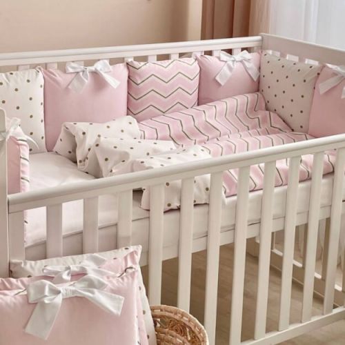  Babybett Komplettset SHINE Baby-Baumwoll-Bettwäsche-Set mit Bettumrandung-Kissen, Rosa 17-tlg, fig. 1 