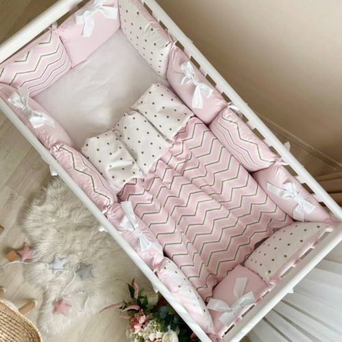  Babybett Komplettset SHINE Baby-Baumwoll-Bettwäsche-Set mit Bettumrandung-Kissen, Rosa 17-tlg, fig. 2 